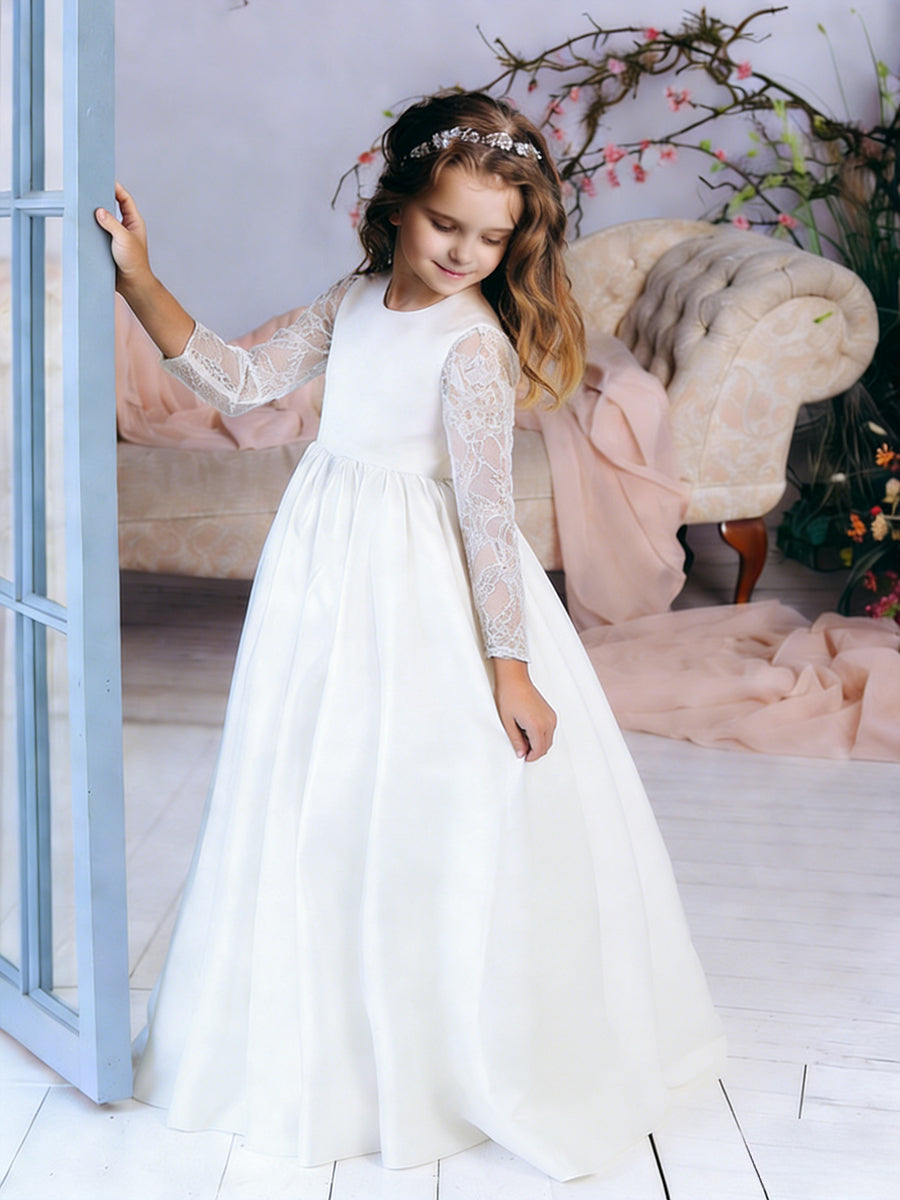 Long Lace Sleeve Round Neck Flower Girl Dress with Satin Floor-Length Skirt and Back Bow for Weddings and Formal Occasions