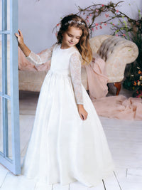 Long Lace Sleeve Round Neck Flower Girl Dress with Satin Floor-Length Skirt and Back Bow for Weddings and Formal Occasions