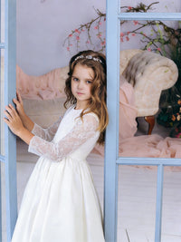 Long Lace Sleeve Round Neck Flower Girl Dress with Satin Floor-Length Skirt and Back Bow for Weddings and Formal Occasions