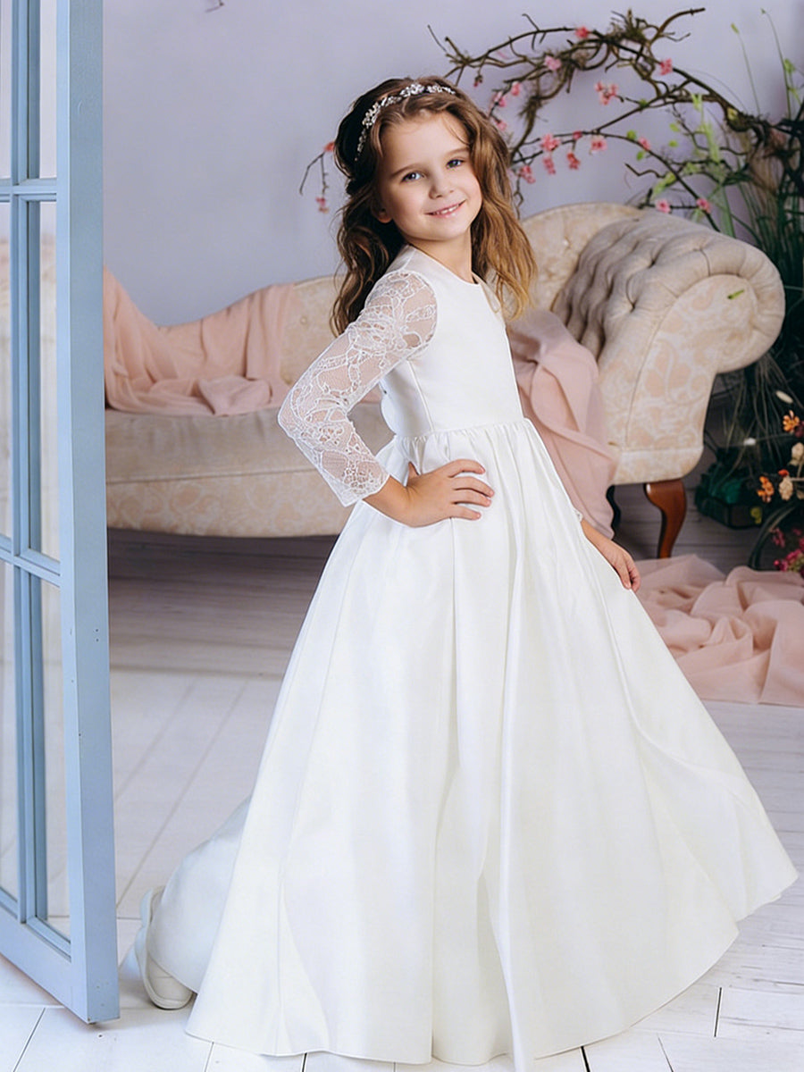 Long Lace Sleeve Round Neck Flower Girl Dress with Satin Floor-Length Skirt and Back Bow for Weddings and Formal Occasions