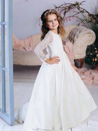Long Lace Sleeve Round Neck Flower Girl Dress with Satin Floor-Length Skirt and Back Bow for Weddings and Formal Occasions