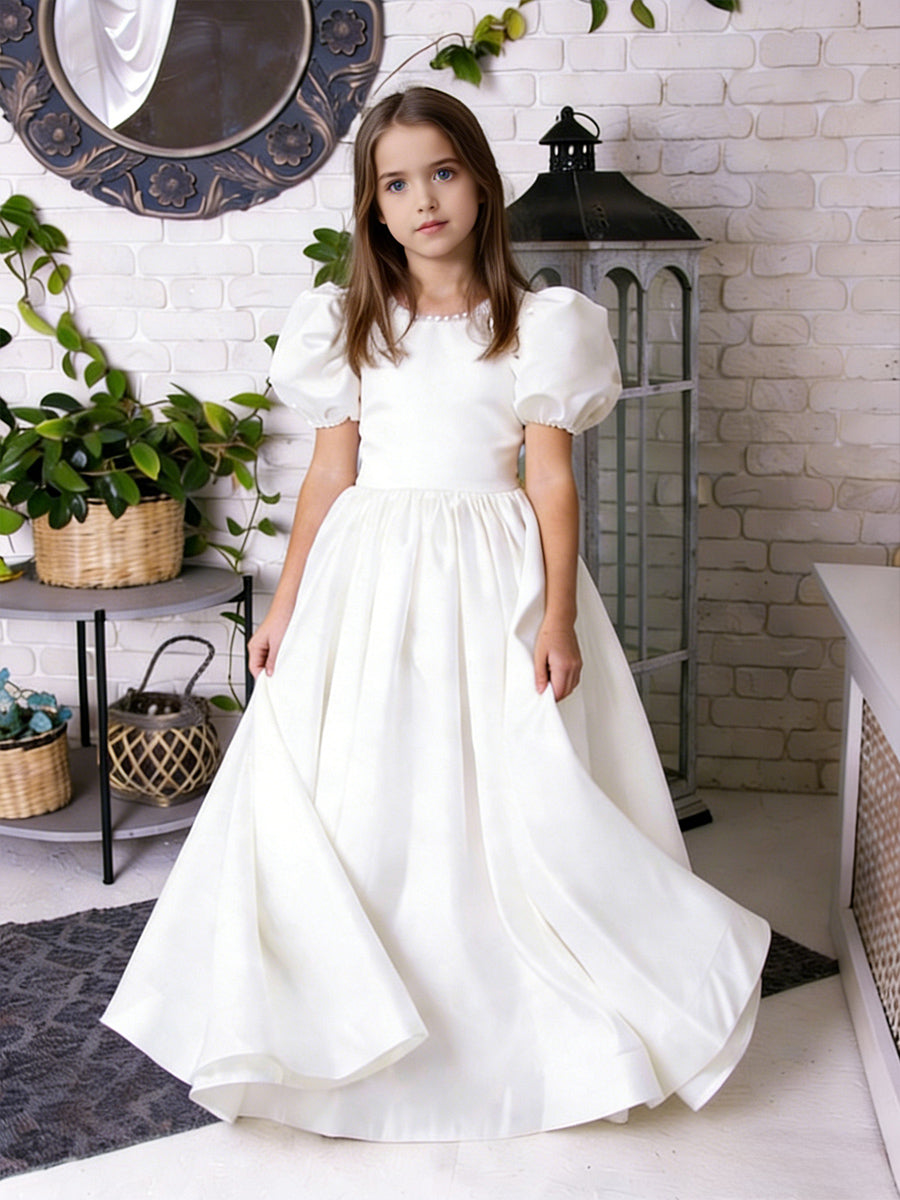 Puff Short Sleeve Square Neck Flower Girl Dress with Pearl-Embellished Neckline Satin Floor-Length Skirt and Back Bow for Weddings and Formal Occasions