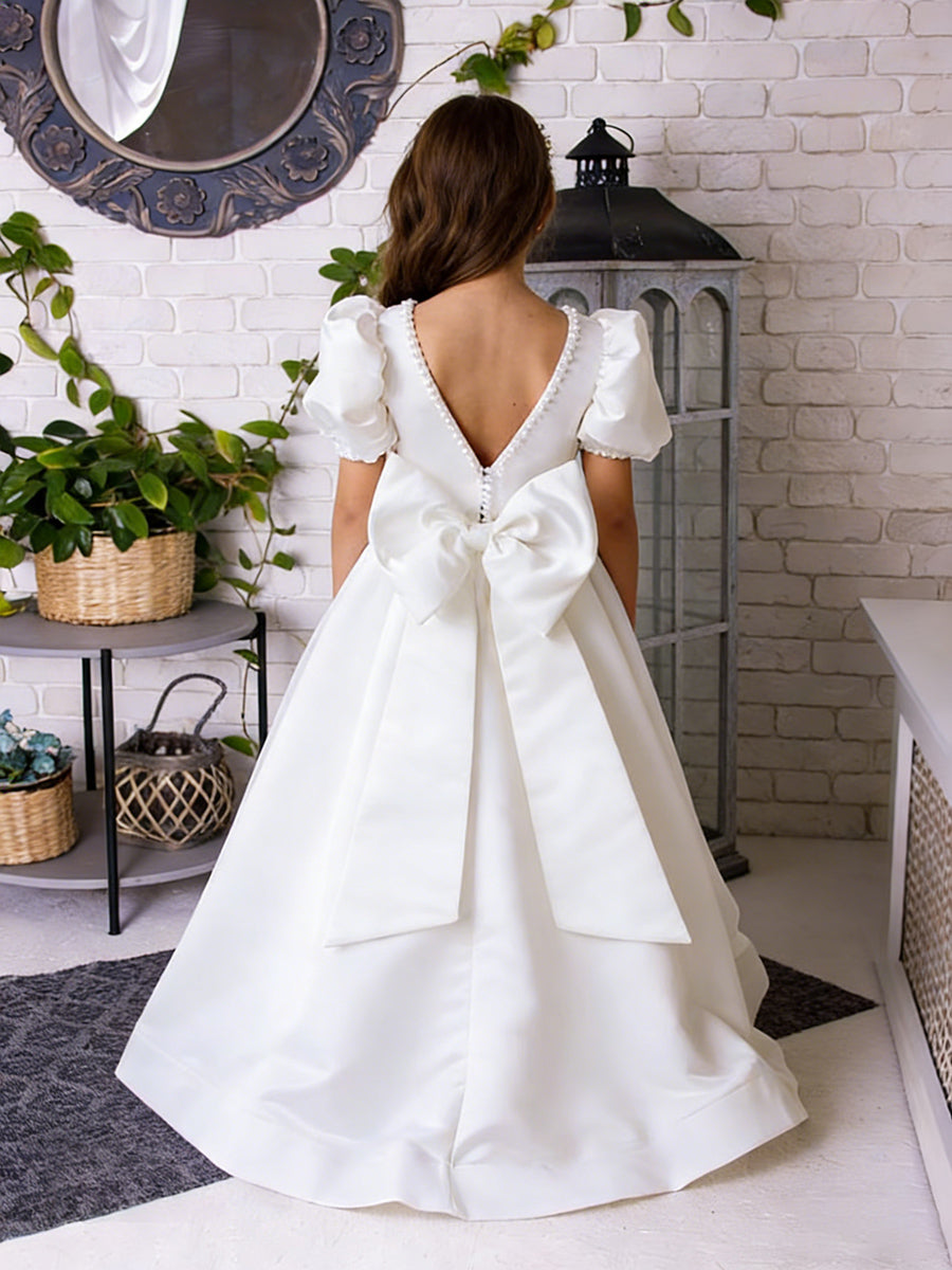 Puff Short Sleeve Square Neck Flower Girl Dress with Pearl-Embellished Neckline Satin Floor-Length Skirt and Back Bow for Weddings and Formal Occasions