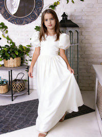 Puff Short Sleeve Square Neck Flower Girl Dress with Pearl-Embellished Neckline Satin Floor-Length Skirt and Back Bow for Weddings and Formal Occasions