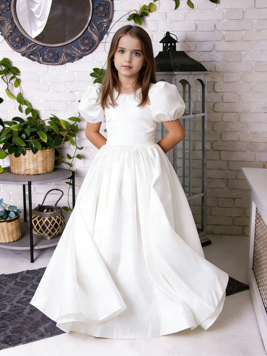 Puff Short Sleeve Square Neck Flower Girl Dress with Pearl-Embellished Neckline Satin Floor-Length Skirt and Back Bow for Weddings and Formal Occasions
