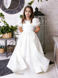 Puff Short Sleeve Square Neck Flower Girl Dress with Pearl-Embellished Neckline Satin Floor-Length Skirt and Back Bow for Weddings and Formal Occasions