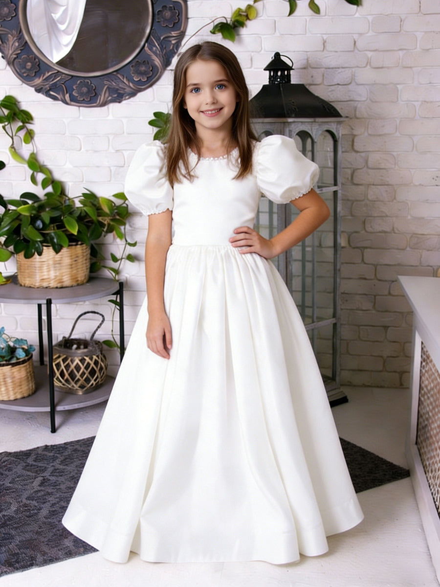 Puff Short Sleeve Square Neck Flower Girl Dress with Pearl-Embellished Neckline Satin Floor-Length Skirt and Back Bow for Weddings and Formal Occasions