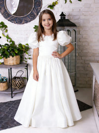 Puff Short Sleeve Square Neck Flower Girl Dress with Pearl-Embellished Neckline Satin Floor-Length Skirt and Back Bow for Weddings and Formal Occasions