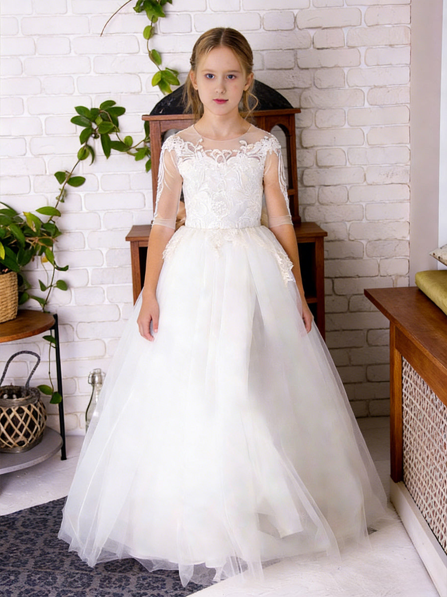 Lace-Embellished Sheer Sleeve Round Neck Flower Girl Dress with Tulle Floor-Length Train Skirt and Back Bow for Weddings and Formal Occasions