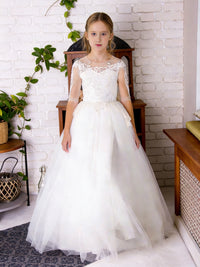 Lace-Embellished Sheer Sleeve Round Neck Flower Girl Dress with Tulle Floor-Length Train Skirt and Back Bow for Weddings and Formal Occasions