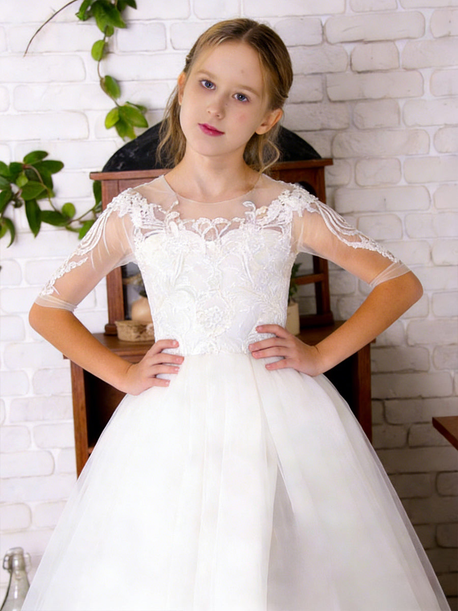 Lace-Embellished Sheer Sleeve Round Neck Flower Girl Dress with Tulle Floor-Length Train Skirt and Back Bow for Weddings and Formal Occasions
