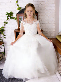 Lace-Embellished Sheer Sleeve Round Neck Flower Girl Dress with Tulle Floor-Length Train Skirt and Back Bow for Weddings and Formal Occasions