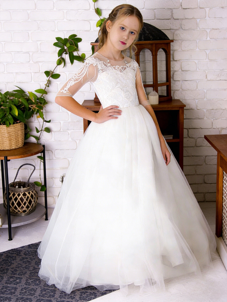 Lace-Embellished Sheer Sleeve Round Neck Flower Girl Dress with Tulle Floor-Length Train Skirt and Back Bow for Weddings and Formal Occasions