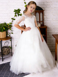 Lace-Embellished Sheer Sleeve Round Neck Flower Girl Dress with Tulle Floor-Length Train Skirt and Back Bow for Weddings and Formal Occasions