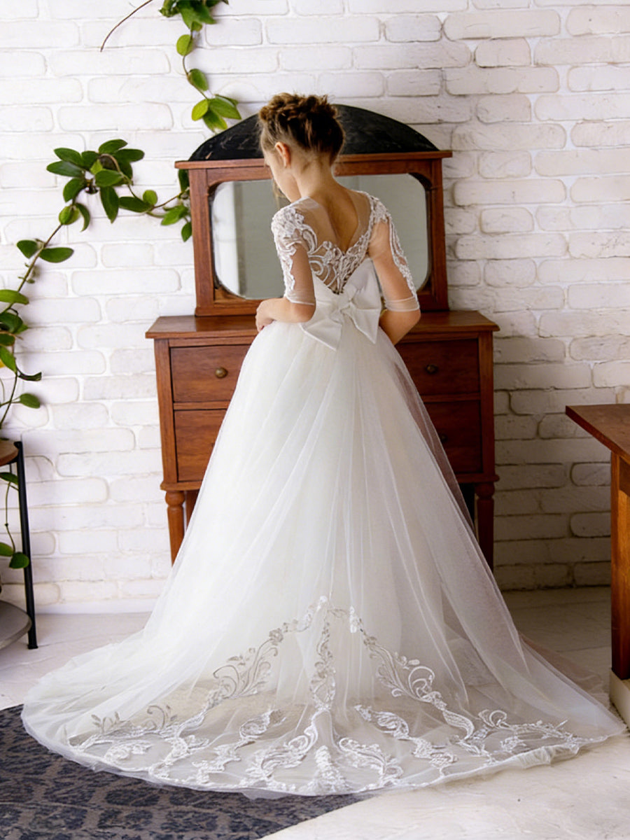 Lace-Embellished Sheer Sleeve Round Neck Flower Girl Dress with Tulle Floor-Length Train Skirt and Back Bow for Weddings and Formal Occasions