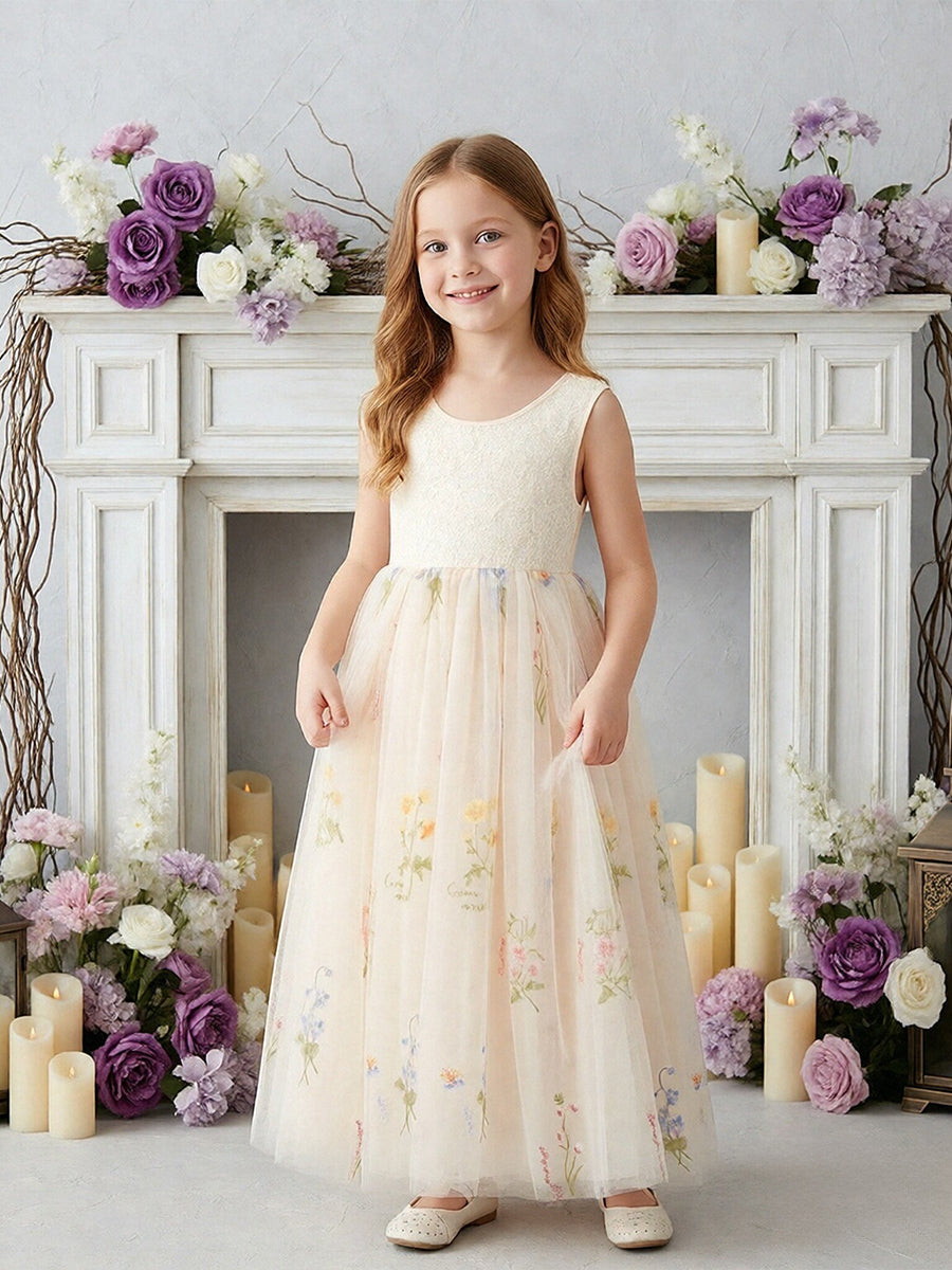 Sleeveless Round Neck Flower Girl Dress with Lace Bodice and Floral Print Tulle Floor-Length Skirt for Weddings and Formal Occasions