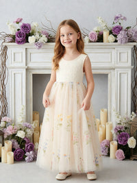 Sleeveless Round Neck Flower Girl Dress with Lace Bodice and Floral Print Tulle Floor-Length Skirt for Weddings and Formal Occasions