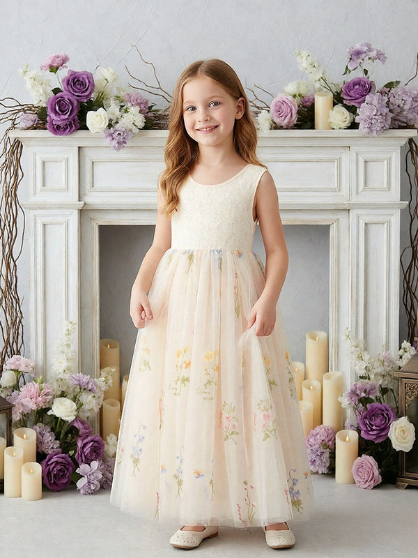 Sleeveless Round Neck Flower Girl Dress with Lace Bodice and Floral Print Tulle Floor-Length Skirt for Weddings and Formal Occasions