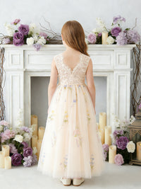 Sleeveless Round Neck Flower Girl Dress with Lace Bodice and Floral Print Tulle Floor-Length Skirt for Weddings and Formal Occasions