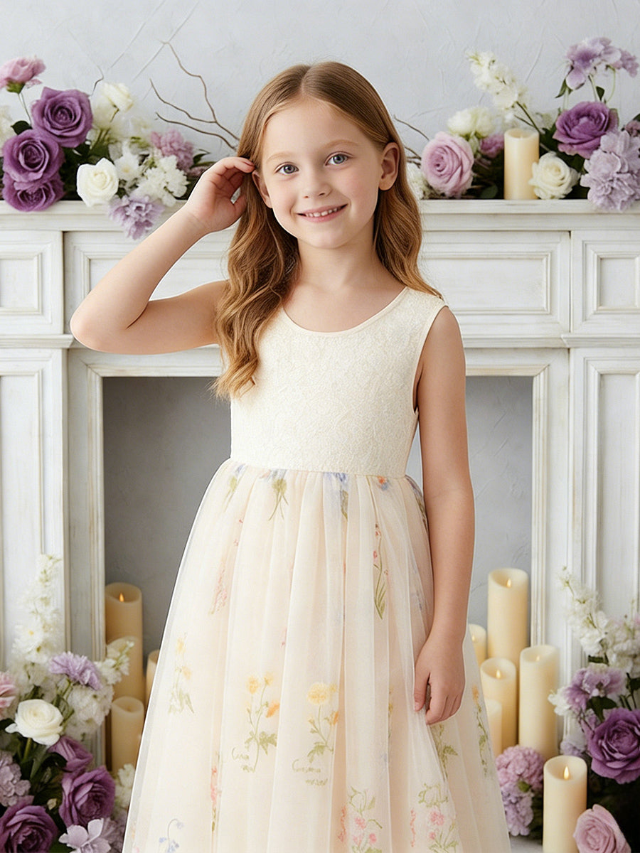 Sleeveless Round Neck Flower Girl Dress with Lace Bodice and Floral Print Tulle Floor-Length Skirt for Weddings and Formal Occasions