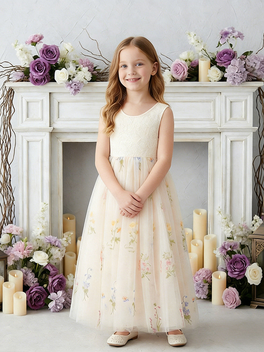 Sleeveless Round Neck Flower Girl Dress with Lace Bodice and Floral Print Tulle Floor-Length Skirt for Weddings and Formal Occasions