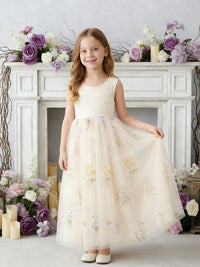 Sleeveless Round Neck Flower Girl Dress with Lace Bodice and Floral Print Tulle Floor-Length Skirt for Weddings and Formal Occasions