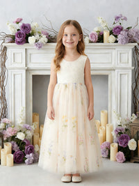 Sleeveless Round Neck Flower Girl Dress with Lace Bodice and Floral Print Tulle Floor-Length Skirt for Weddings and Formal Occasions
