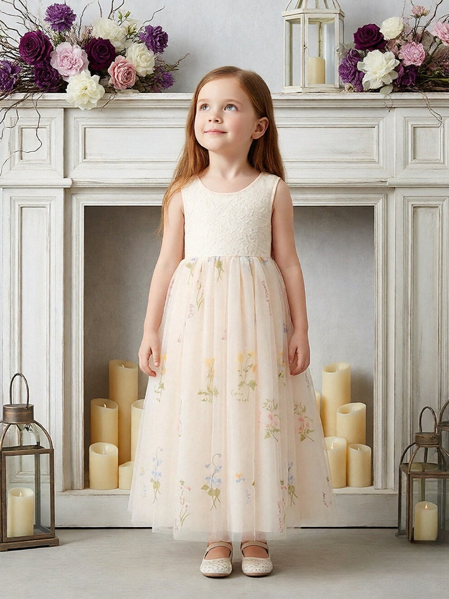 Sleeveless Round Neck Flower Girl Dress with Lace Bodice and Floral Print Tulle Floor-Length Skirt for Weddings and Formal Occasions