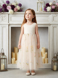 Sleeveless Round Neck Flower Girl Dress with Lace Bodice and Floral Print Tulle Floor-Length Skirt for Weddings and Formal Occasions