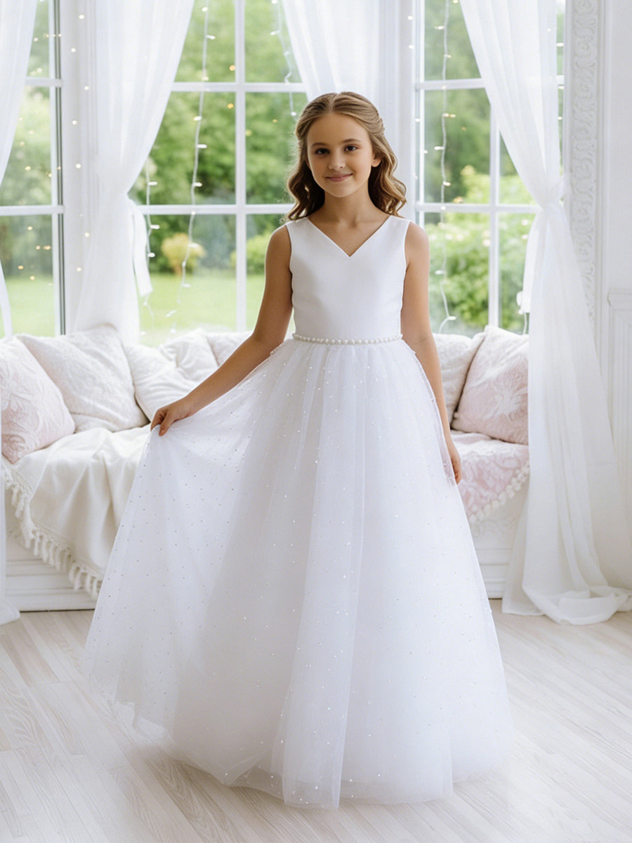 Sleeveless V-Neck Flower Girl Dress with Satin Bodice, Pearl-Embellished Waist and Glitter Tulle Floor-Length Skirt with Back Bow for Weddings and Formal Occasions