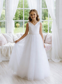 Sleeveless V-Neck Flower Girl Dress with Satin Bodice, Pearl-Embellished Waist and Glitter Tulle Floor-Length Skirt with Back Bow for Weddings and Formal Occasions