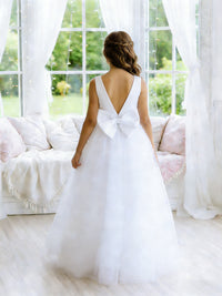 Sleeveless V-Neck Flower Girl Dress with Satin Bodice, Pearl-Embellished Waist and Glitter Tulle Floor-Length Skirt with Back Bow for Weddings and Formal Occasions