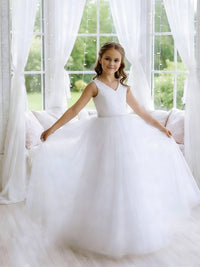 Sleeveless V-Neck Flower Girl Dress with Satin Bodice, Pearl-Embellished Waist and Glitter Tulle Floor-Length Skirt with Back Bow for Weddings and Formal Occasions