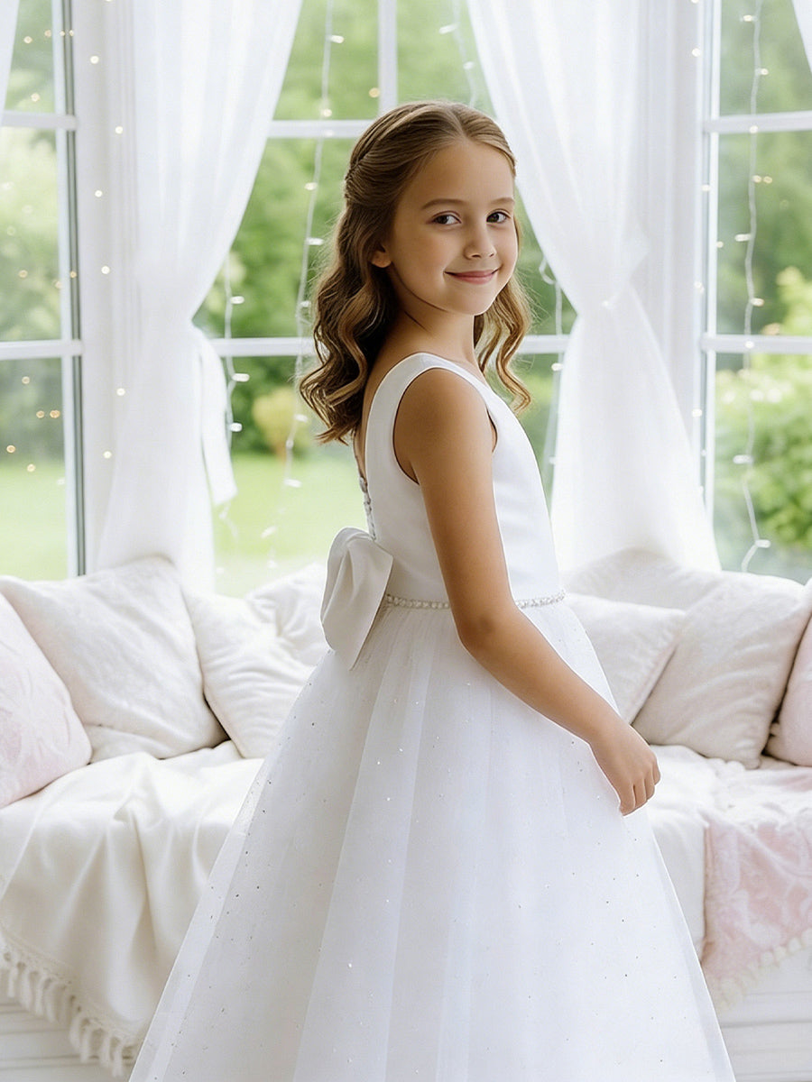 Sleeveless V-Neck Flower Girl Dress with Satin Bodice, Pearl-Embellished Waist and Glitter Tulle Floor-Length Skirt with Back Bow for Weddings and Formal Occasions