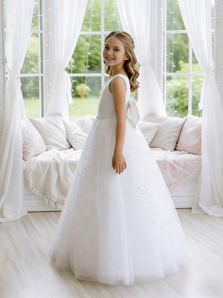 Sleeveless V-Neck Flower Girl Dress with Satin Bodice, Pearl-Embellished Waist and Glitter Tulle Floor-Length Skirt with Back Bow for Weddings and Formal Occasions