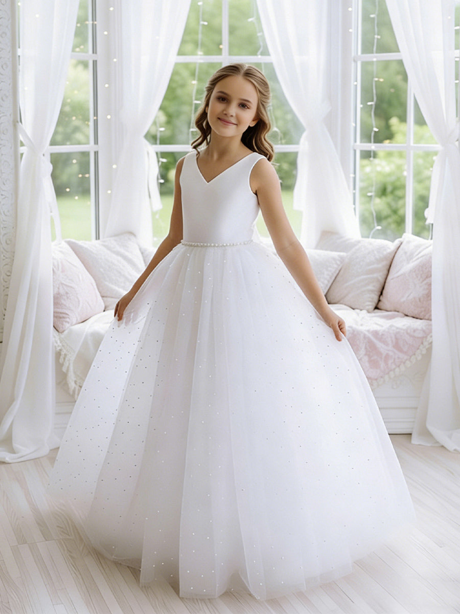 Sleeveless V-Neck Flower Girl Dress with Satin Bodice, Pearl-Embellished Waist and Glitter Tulle Floor-Length Skirt with Back Bow for Weddings and Formal Occasions