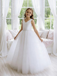 Sleeveless V-Neck Flower Girl Dress with Satin Bodice, Pearl-Embellished Waist and Glitter Tulle Floor-Length Skirt with Back Bow for Weddings and Formal Occasions