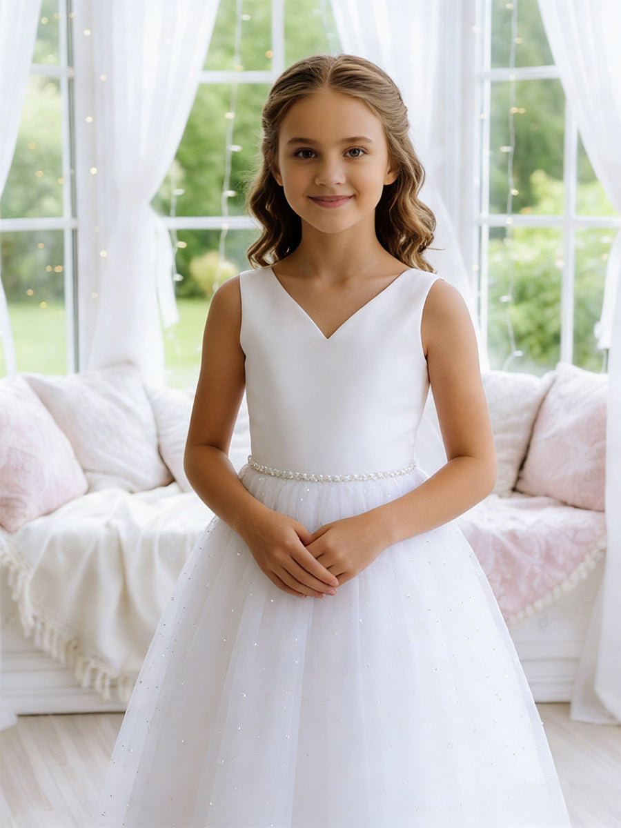 Sleeveless V-Neck Flower Girl Dress with Satin Bodice, Pearl-Embellished Waist and Glitter Tulle Floor-Length Skirt with Back Bow for Weddings and Formal Occasions