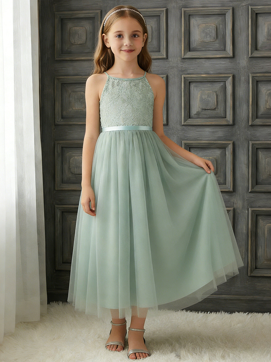 Halter Neck Sleeveless Flower Girl Dress with Lace Bodice, Mint Green Tulle Midi Skirt and Ribbon Bow Waist for Weddings and Formal Occasions