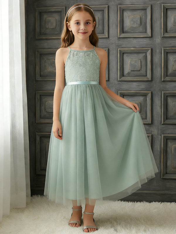 Halter Neck Sleeveless Flower Girl Dress with Lace Bodice, Mint Green Tulle Midi Skirt and Ribbon Bow Waist for Weddings and Formal Occasions
