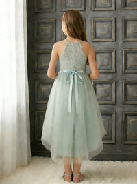 Halter Neck Sleeveless Flower Girl Dress with Lace Bodice, Mint Green Tulle Midi Skirt and Ribbon Bow Waist for Weddings and Formal Occasions