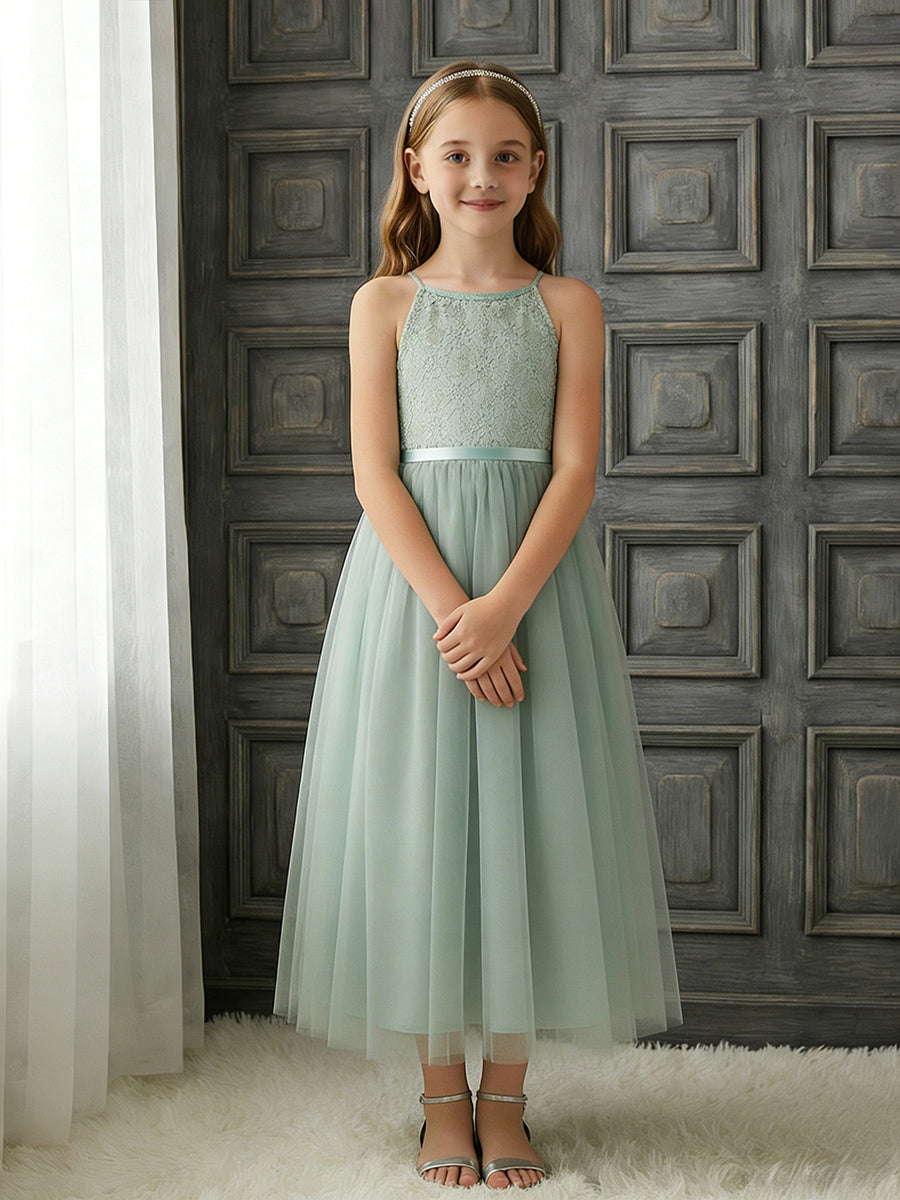 Halter Neck Sleeveless Flower Girl Dress with Lace Bodice, Mint Green Tulle Midi Skirt and Ribbon Bow Waist for Weddings and Formal Occasions