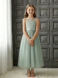 Halter Neck Sleeveless Flower Girl Dress with Lace Bodice, Mint Green Tulle Midi Skirt and Ribbon Bow Waist for Weddings and Formal Occasions