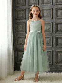 Halter Neck Sleeveless Flower Girl Dress with Lace Bodice, Mint Green Tulle Midi Skirt and Ribbon Bow Waist for Weddings and Formal Occasions