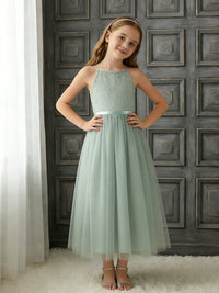 Halter Neck Sleeveless Flower Girl Dress with Lace Bodice, Mint Green Tulle Midi Skirt and Ribbon Bow Waist for Weddings and Formal Occasions