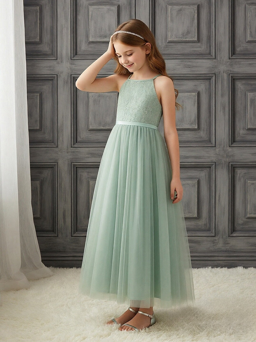 Halter Neck Sleeveless Flower Girl Dress with Lace Bodice, Mint Green Tulle Midi Skirt and Ribbon Bow Waist for Weddings and Formal Occasions