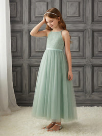 Halter Neck Sleeveless Flower Girl Dress with Lace Bodice, Mint Green Tulle Midi Skirt and Ribbon Bow Waist for Weddings and Formal Occasions