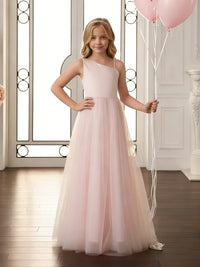 One-Shoulder Sleeveless Light Pink Flower Girl Dress with Satin Bodice and Tulle Floor-Length Skirt for Weddings and Formal Occasions
