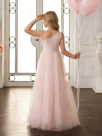 One-Shoulder Sleeveless Light Pink Flower Girl Dress with Satin Bodice and Tulle Floor-Length Skirt for Weddings and Formal Occasions
