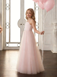 One-Shoulder Sleeveless Light Pink Flower Girl Dress with Satin Bodice and Tulle Floor-Length Skirt for Weddings and Formal Occasions